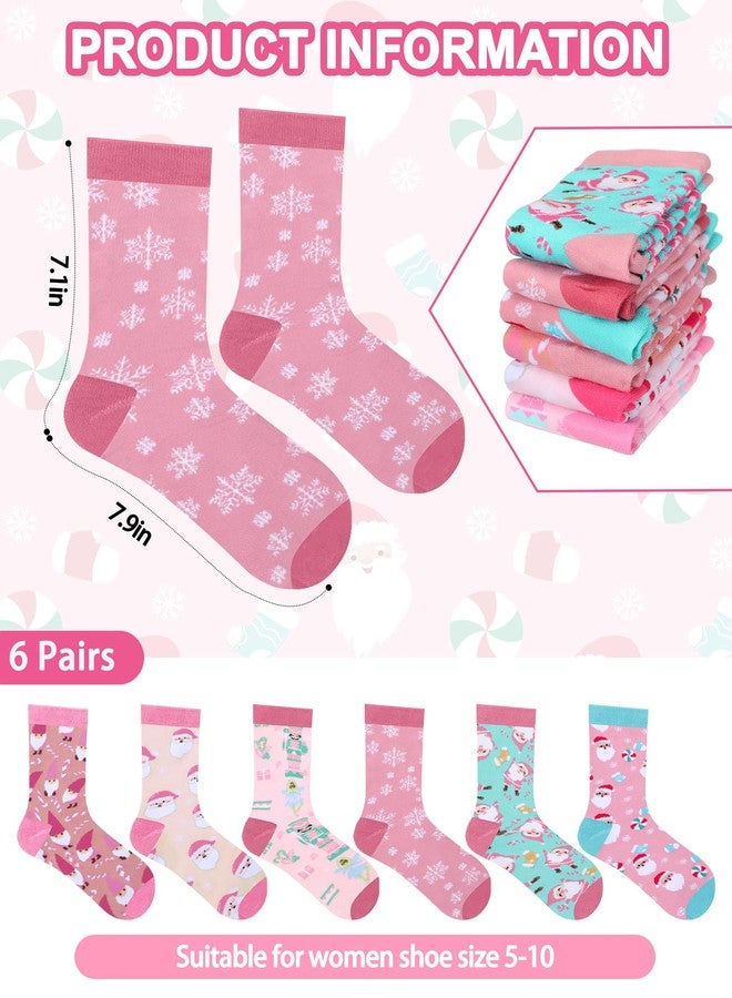 Croloose 6 Pairs Pink Christmas Socks for Women Girls Fun Santa Gnome Nutcracker Snowflake Cotton Xmas Stocking Socks(Crew Style) - Image 2